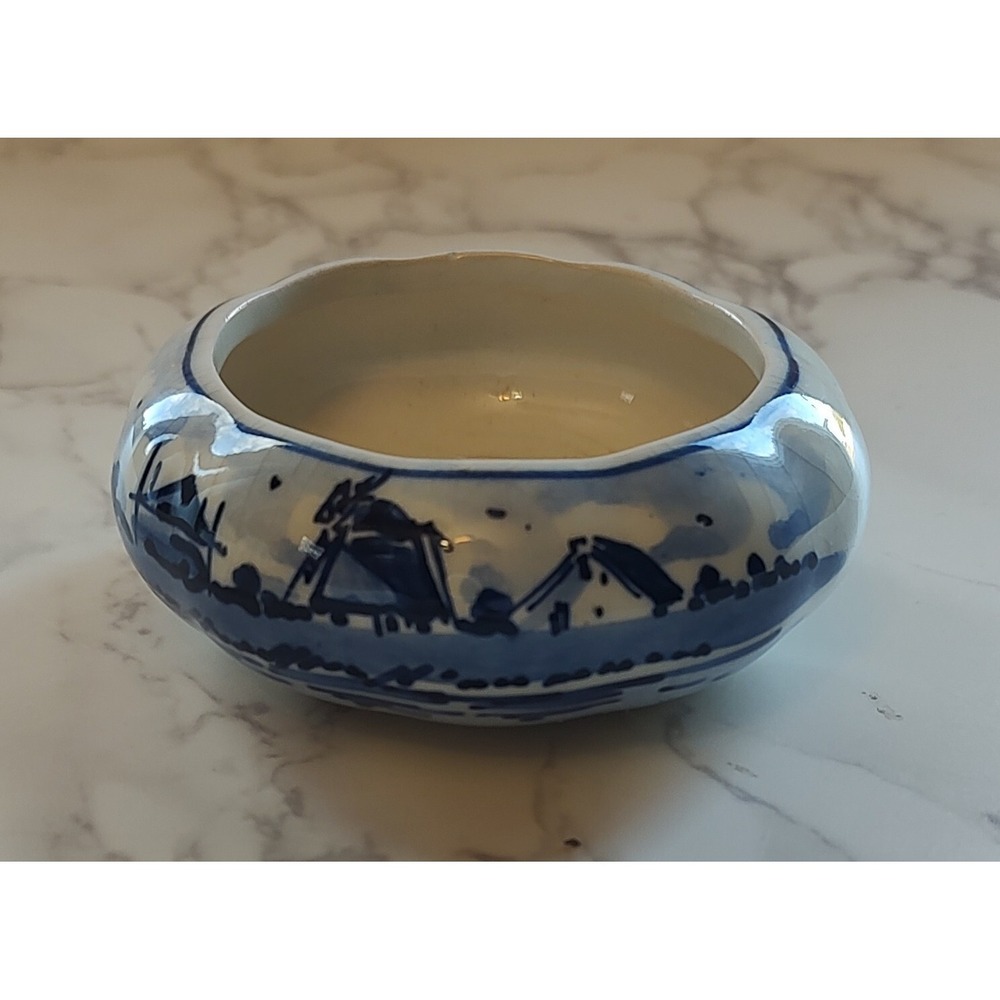 Delfts Bowl 3" Signed Hand Painted Holland Windmill and Floral A17